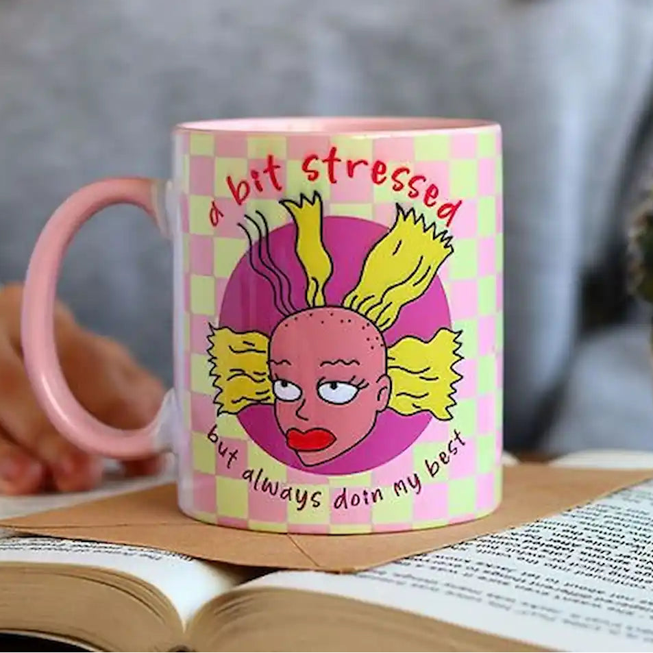 Graphic mug with 'A Bit Stressed' design.