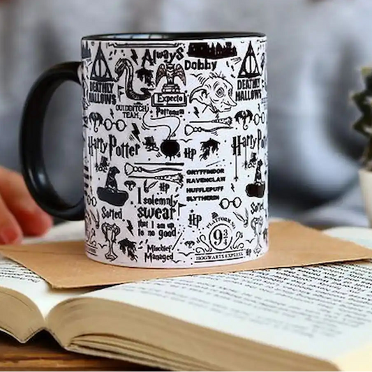 Black & white graphic mug with magical design.